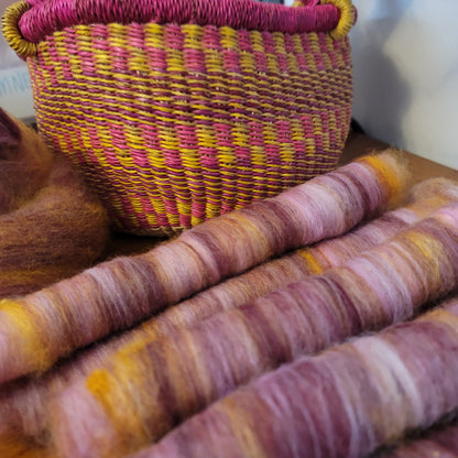 Sumptuous Gold Small Round Bolga Basket in Maroon, Pink, and Gold