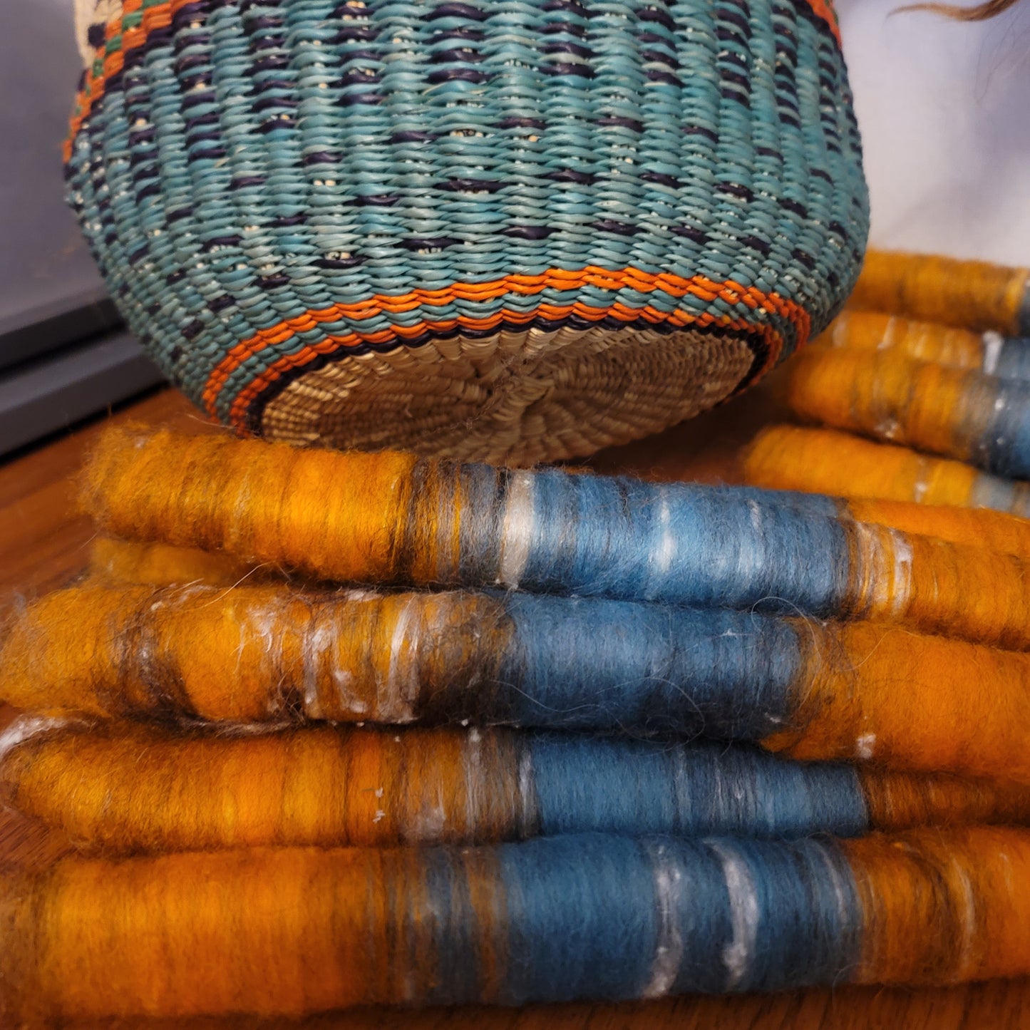 Small Round Bolga Basket in Teal and Orange