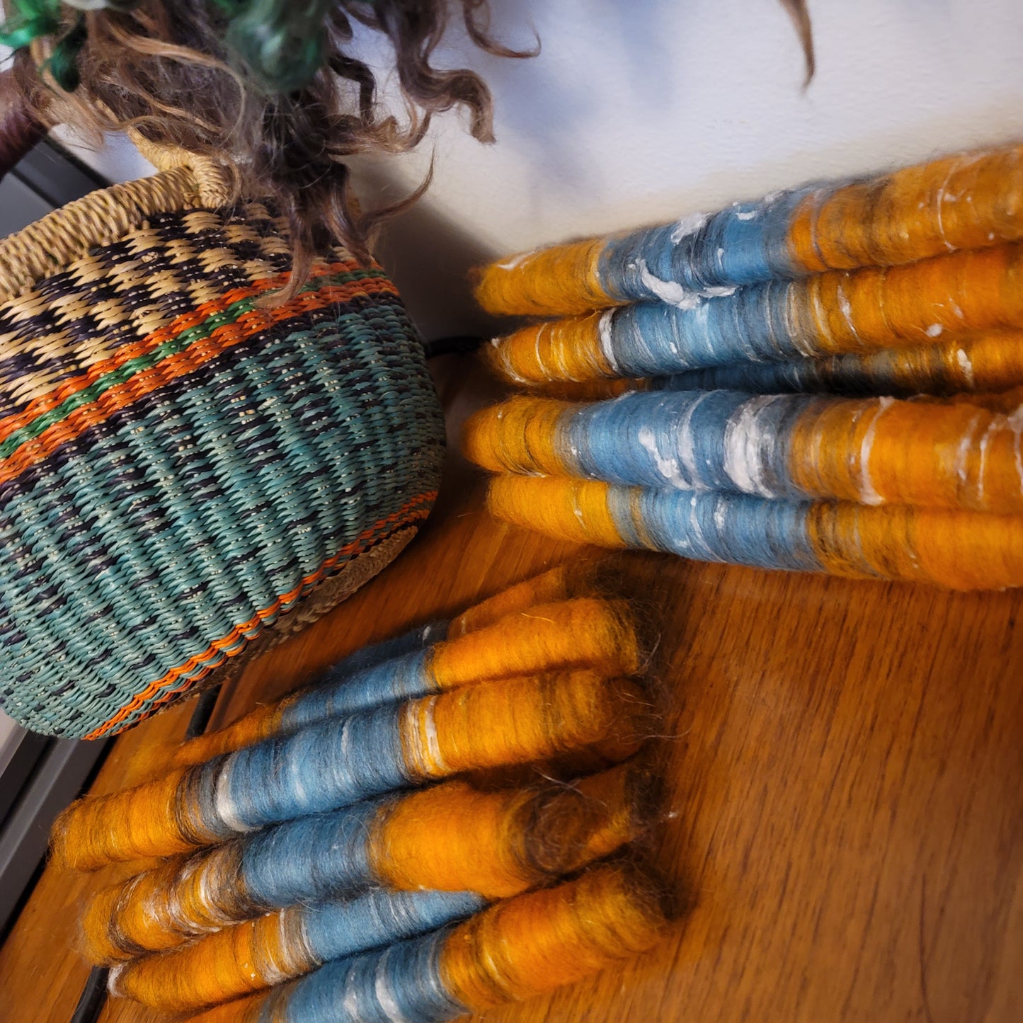 Small Round Bolga Basket in Teal and Orange